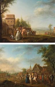 SCHUBERT Johann David 1761-1822,Elegant horsemen in front of a village ,1783,im Kinsky Auktionshaus 2019-04-09