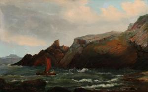 Schultz August 1800-1800,A small dinghy seeking shelter in a rocky bay,Bruun Rasmussen DK 2018-02-19