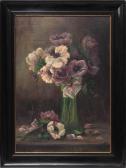 SCHULTZE G,Grüne Glasvase mit einem prächtigen Strauß violett,1900,Bloss DE 2017-03-20