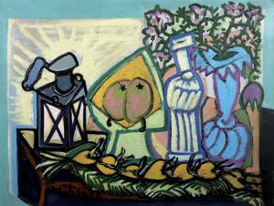 SCHULZ SORAU Emil,Zátiší s lucernou, kyticíkvětin, ovocem a lahví,1948,Art Consulting 2009-01-25