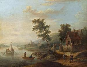 SCHUZ Christian Georg I 1718-1791,Flusslandschaft mit Booten und einer Stadt,im Kinsky Auktionshaus 2017-02-28