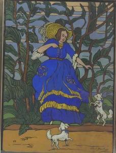 SCHWEITZER Alfred 1882-1960,Dame im blauen Kleid, spielt mit 2 kleinen Hunden,Georg Rehm 2019-12-05