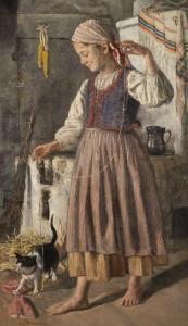 SCHWENINGER Rosa 1849-1918,MÄDCHEN BEIM SPIEL MIT KÄTZCHEN,Hargesheimer Kunstauktionen DE 2021-09-10