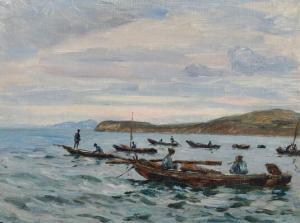 SCHWENSEN Ludvig,Scenery with fishermen on an early morning,1907,Bruun Rasmussen DK 2022-06-06