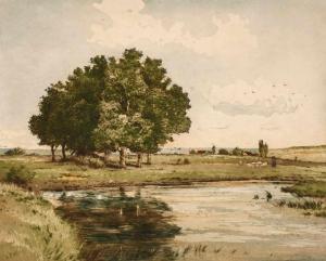 SCHWERTNER Paul 1900-1900,Frühling Landschaftsausschnitt mit Schäfer vor Bau,Mehlis DE 2018-08-23