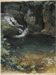 SCHWETZ Karl 1888-1965,Seelandschaft mit Wasserfall,1930,Allgauer DE 2021-05-06