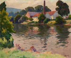 SCORIEL Jean Baptiste 1883-1956,Vieux moulin le matin sur la Sambre,Horta BE 2022-09-05