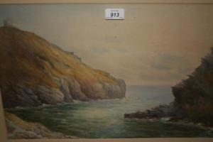 Scott E.O,Coastal watercolour with inlet and tower on a clif,Lawrences of Bletchingley GB 2018-01-23