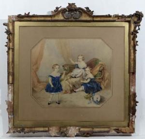 SCOTT Emily 1801-1851,Three children with a parrot and cage, showwood ch,1846,Dickins GB 2015-07-03