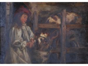 SCOTT HETHERINGTON Walter Francis 1867-1943,Maid feeding a cow from a bucket,Capes Dunn 2014-09-30