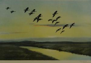 SCOTT Peter Markham 1909-1989,Pink-footed geese over marshes at first light,Morphets GB 2014-12-04