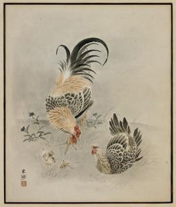 SCUOLA GIAPPONESE,A chicken family of a rooster, with a chick peekin,Chait US 2016-09-25