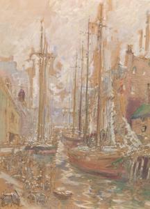 Seaford John Albert 1858-1936,Sailboats in a city harbor,Aspire Auction US 2017-09-09