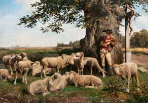 SEIBELS Carl 1844-1877,Shepherd with Flock,Stahl DE 2016-11-26
