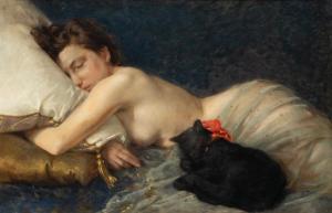 SEIGNAC Guillaume 1870-1924,A sleeping beauty alongside her black cat,Venduehuis NL 2023-11-16