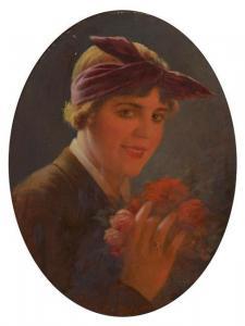 SERENDAT DE BELZIM Louis 1854-1933,Élégante au bouquet de roses,Horta BE 2010-03-08
