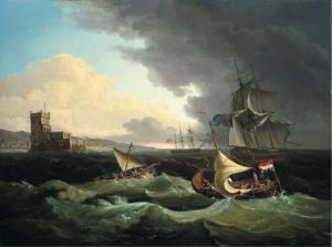 SERRES John Thomas,Shipping off Lisbon, a seventy-four Third Rate pas,1806,Christie's 2005-02-24