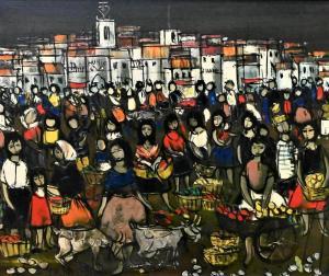 SERRIER Jean Pierre 1934-1989,untitled, figures at the market,Nadeau US 2023-01-28