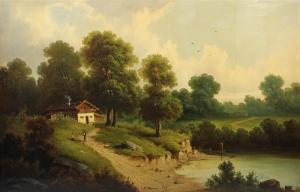SERVAIS C.M.,RIVER LANDSCAPE WITH COTTAGE AND FIGURES IN THE BA,19th century,Potomack US 2018-03-23