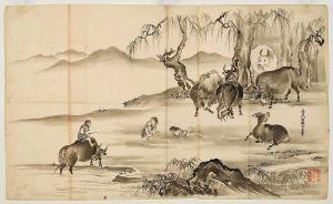 SETTAN Hasegawa,Landscape with grazing water buffalo and three you,Galerie Koller 2014-05-07