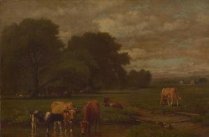 SHATTUCK Aaron Draper 1832-1928,Landscape with Cows Watering,1876,Freeman US 2023-12-05