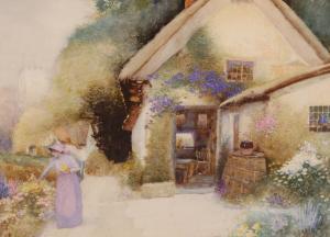 SHAW E.W,Woman picking flowers outside a thatched cottage,1915,Burstow and Hewett GB 2009-02-25