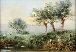 SHAW G 1843-1915,figures fishing and sheep on the riverbank,1887,Ewbank Auctions GB 2020-03-19
