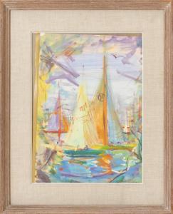 SHAYN John 1901-1977,Yellow Sail Regatta Cape Ann,Eldred's US 2020-02-07