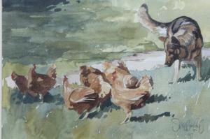 SHELBOURNE Terry 1930,Alsatian Herding Chickens,1997,Golding Young & Mawer GB 2018-01-03