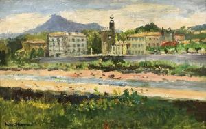 Shepherd Faith,French town scene with river in foreground in the ,Moore Allen & Innocent 2020-02-19