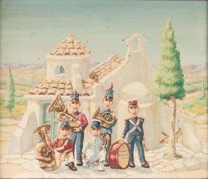 Shiels Charles 1947-2012,Greek bandsmen standing in front of a building,Capes Dunn GB 2019-07-23