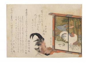 SHIGENOBU Yanagawa,a cock eyeing a free-standing screen painted with ,1813,Bonhams 2023-05-23