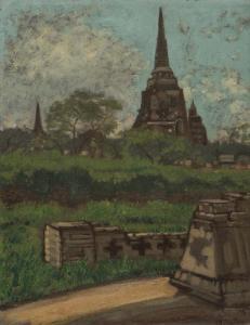 SHIMIZU TOSHI 1887-1945,View of Ayutthaya, Thailand,1943,Mainichi Auction JP 2022-02-25