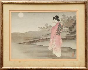 SHOEN Ikeda 1884-1917,Beauty Playing Flute in Moonlight,Neal Auction Company US 2022-08-11