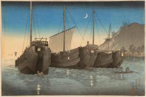 SHOTEI Hiroaki 1871-1944,Moored boats beneath a crescent moon,Eldred's US 2015-08-25