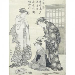 SHUNCHO Yushido 1750-1800,trois jeunes femmes, l'une se faisant coiffer,Tajan FR 2024-04-17