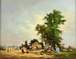 SIBBONS Gudrun Barbara,farming scene with horses and figures and a church,Ewbank Auctions 2019-06-20