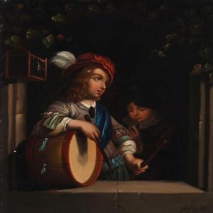 SIBER Johann Baptist 1802,Two children playing drum and flute at a window,1839,Bruun Rasmussen 2011-12-12