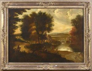 SIBERECHTS Jan 1627-1703,La conversation sur fond de paysage à la cascad,17th century,VanDerKindere 2023-01-24