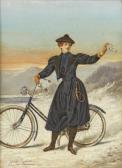 SICHELKOW Valdemar 1848,Woman with a velocipede.,1897,Uppsala Auction SE 2016-06-14