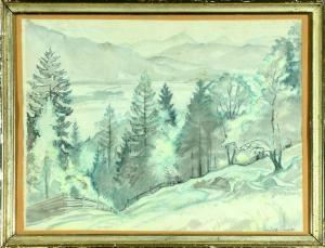 SIECK Rudolf 1877-1957,Bewaldete Landschaft vor Bergsilhouette,Allgauer DE 2021-07-23