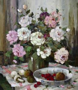 SIEVERS Rein 1929,Stilleven met rozen in vaas en een schaal met kersen,Venduehuis NL 2021-02-28