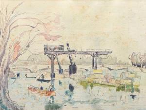SIGNAC Paul 1863-1935,Workers on the River Seine with Gantry Crane befor,1931,Halls GB 2024-04-23