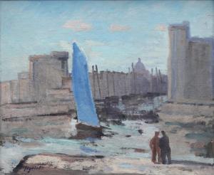 SIGRIST Edmond 1882-1947,Personnages devant le port de la Rochelle,Lombrail - Teucquam FR 2020-05-16