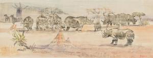 SIHLALI Durant Basi 1935-2004,Rhinoceros and Zebra in a Landscape,1975,Strauss Co. ZA 2024-03-11