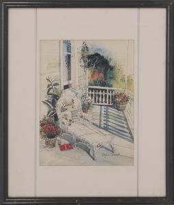 simandle marilyn 1946,A white porch with wicker chaise longue, flowers, ,Eldred's US 2015-09-26