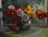 SIMMONIS W,Still Life Study of Flowers in a Glass Bowl on a Table,Keys GB 2009-04-03
