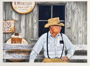 Simmons,an American in straw hat and braces, seated on a b,1993,Bloomsbury London GB 2010-03-25
