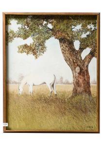 SIMONE Neil 1947,Grey horse grazing by a tree,Tennant's GB 2022-09-16