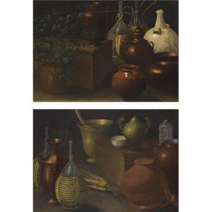 SIMONE Rodolfo 1600-1600,A STILL LIFE WITH TWO WICKER COVERED GLASS BOTTLES,Sotheby's GB 2011-04-14